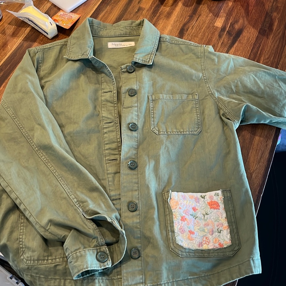Super cute green hippie laundry jacket with embellished pocket
